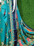 Green Digital Printed Linen Jute Satan Saree