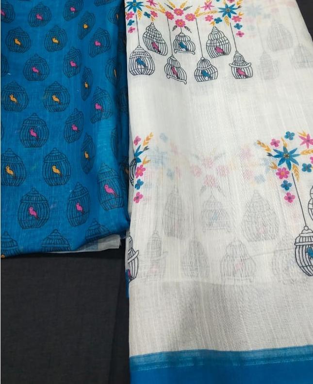 Bird In the Cage Pure Linen saree With  Printed Blouse