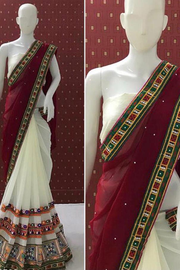Beautiful Georgette Saree With Real Mirror Work For Party Wear