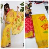 Yellow And Red Beautiful Combination Linen Saree