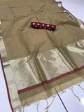 Beige Colored Saree  With Borcade Design Blouse