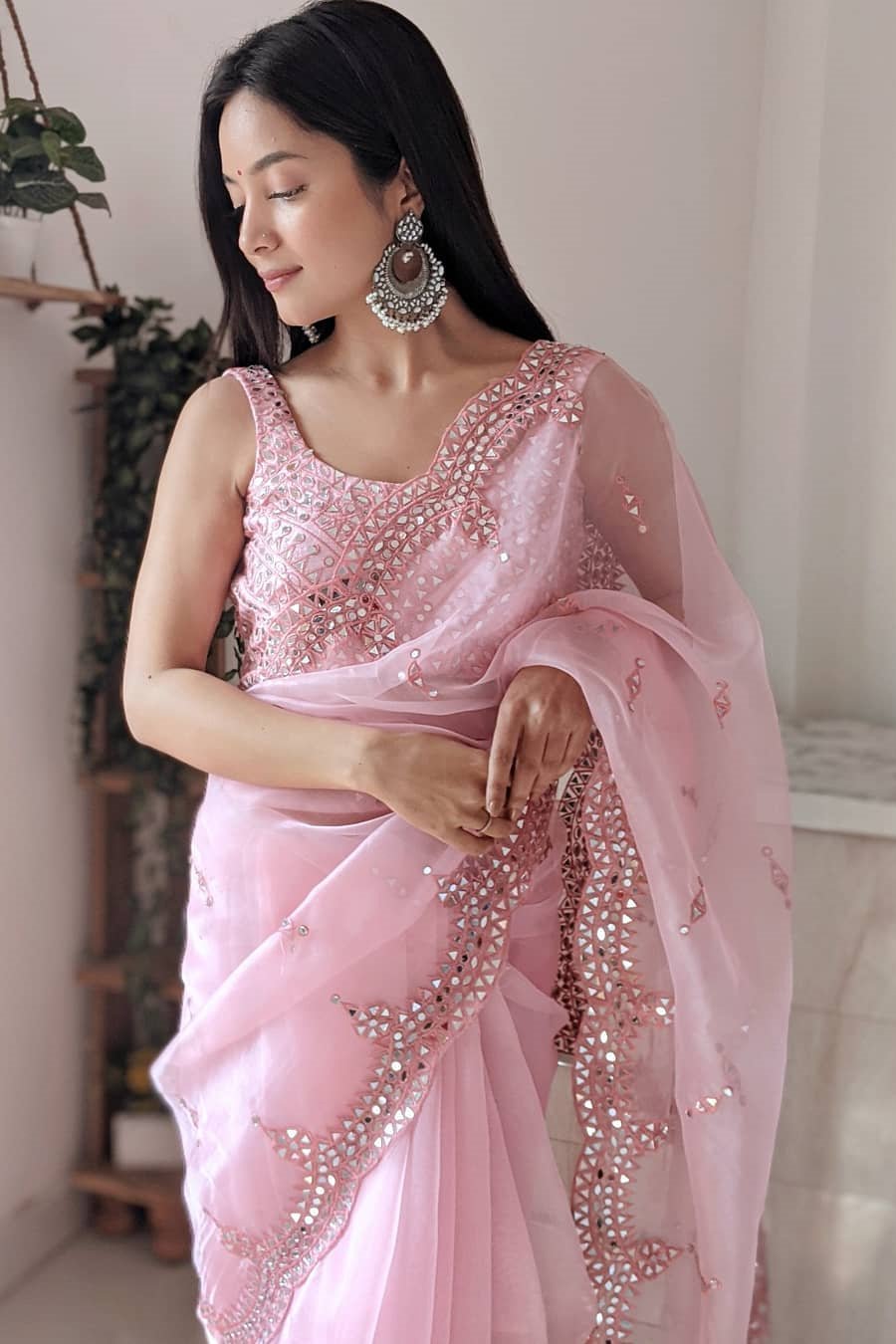 Women's Self Design Cotton Linen Baby pink saree and Blouse Piece with  silver border