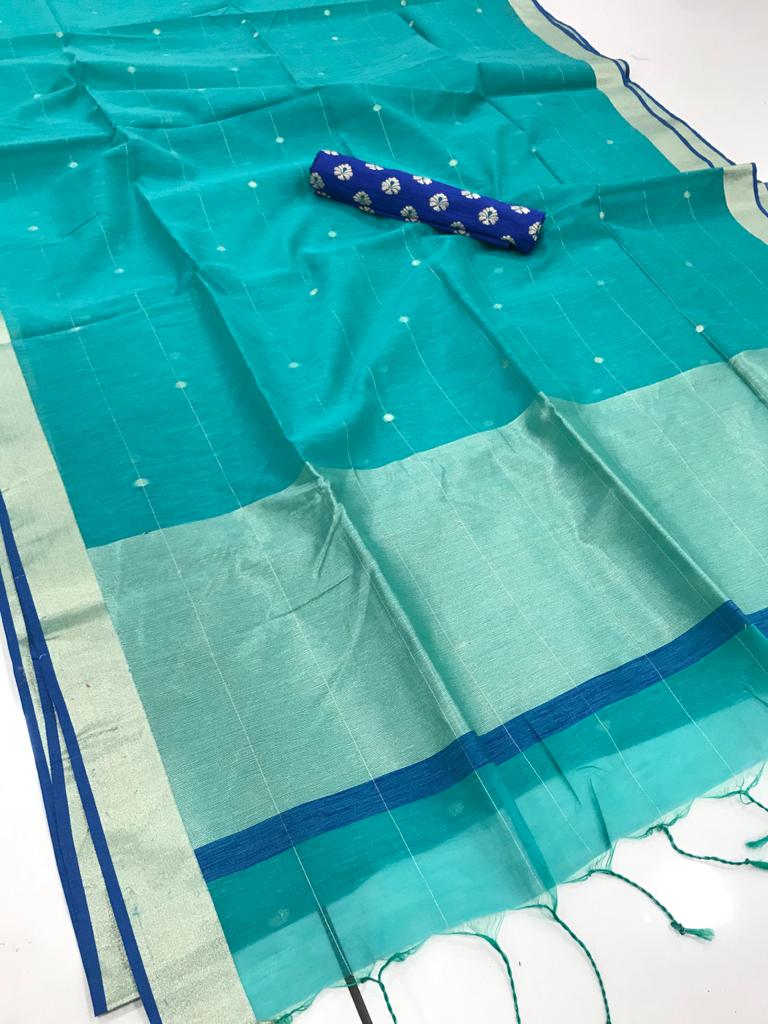 Blue Colored Saree With Exclusive Borcade Blouse