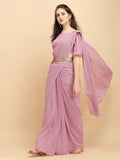 Sangria Pink Solid Poly Georgette Saree with Sequined Belt