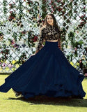 Navy Blue Taffeta Silk Two Layer Plain Lehenga With Velvet Work Choli