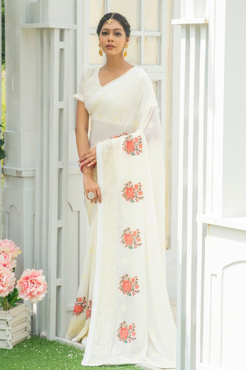 White With Flower Embroidery  Georgette Saree