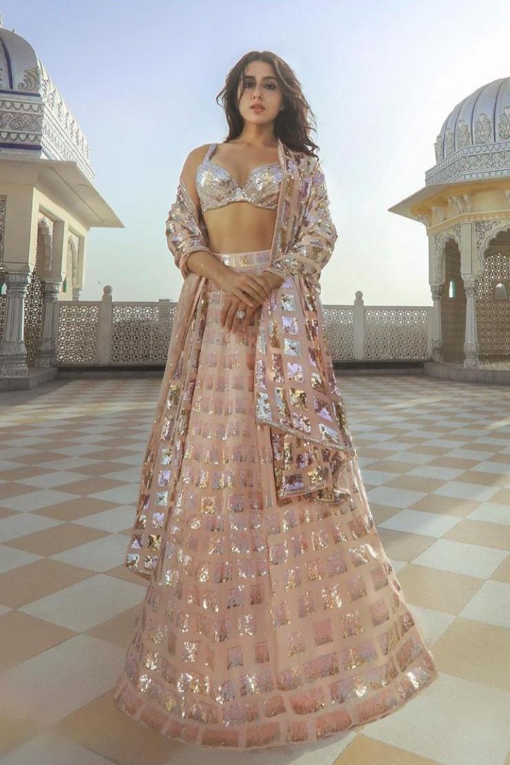 Stunning Beige Colored Designer Sequence Work Lehenga Choli For Party Wear