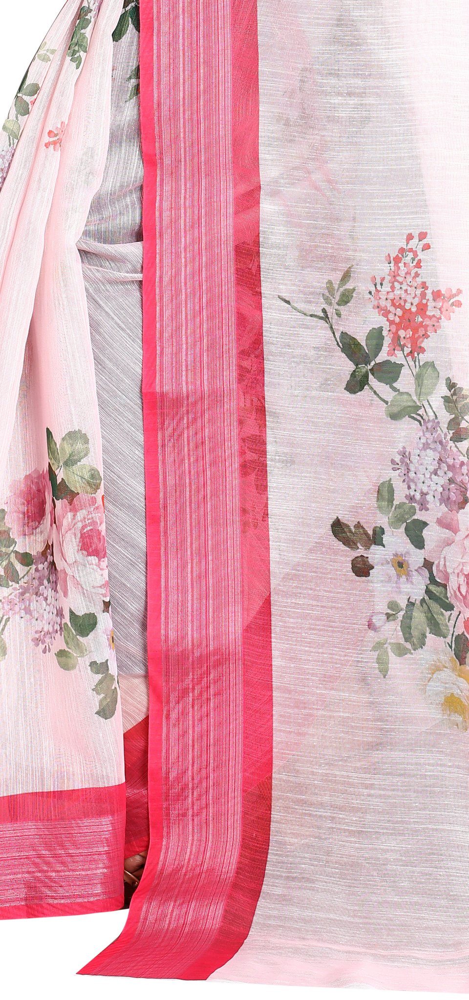 Pink jari bordrer  Linen saree With  Beautiful Printed Blouse