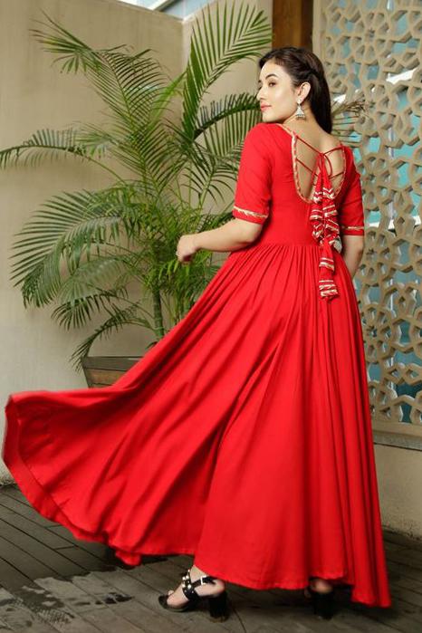 Red Long Rayon Full Stitched long gown For Casual Wear