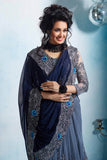Beautiful Royal Blue Georgette And Soft Net  Saree With Heavy Embroidery Work