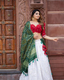 Charming White and Red lehenga choli, Silk taffeta lehenga choli with stunning dupatta and exclusive embroidery red blouse