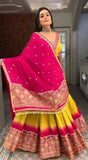 Yellow and Cream Satin Leheriya Printed Lehenga