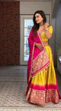 Yellow and Cream Satin Leheriya Printed Lehenga