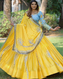 Yellow And Sky Blue Colour With Mirror Work Haldi Special Lahega Choli