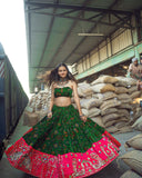 Green And Pink Colour Mirror Work Lahenga Choli