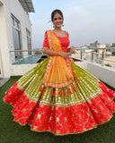 Beautiful Mirror Work Red And Yellow Navratri Special Lahenga Choli