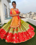 Beautiful Mirror Work Red And Yellow Navratri Special Lahenga Choli