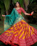 Red Bandhani Digital Printed Traditional Lehenga With High Neck Choli