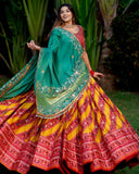 Red Bandhani Digital Printed Traditional Lehenga With High Neck Choli