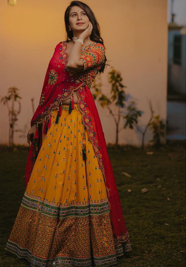 Red & Yellow Orange Red Bridal Lehenga by HER CLOSET for rent online |  FLYROBE