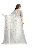 Off White Floral Print Jari Border Linen Saree