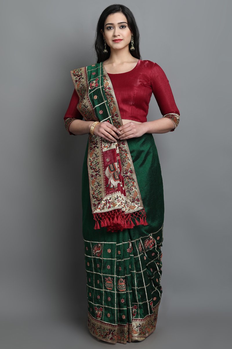 Dazzling Green And Maroon Soft Silk Patola Saree For Party Wear