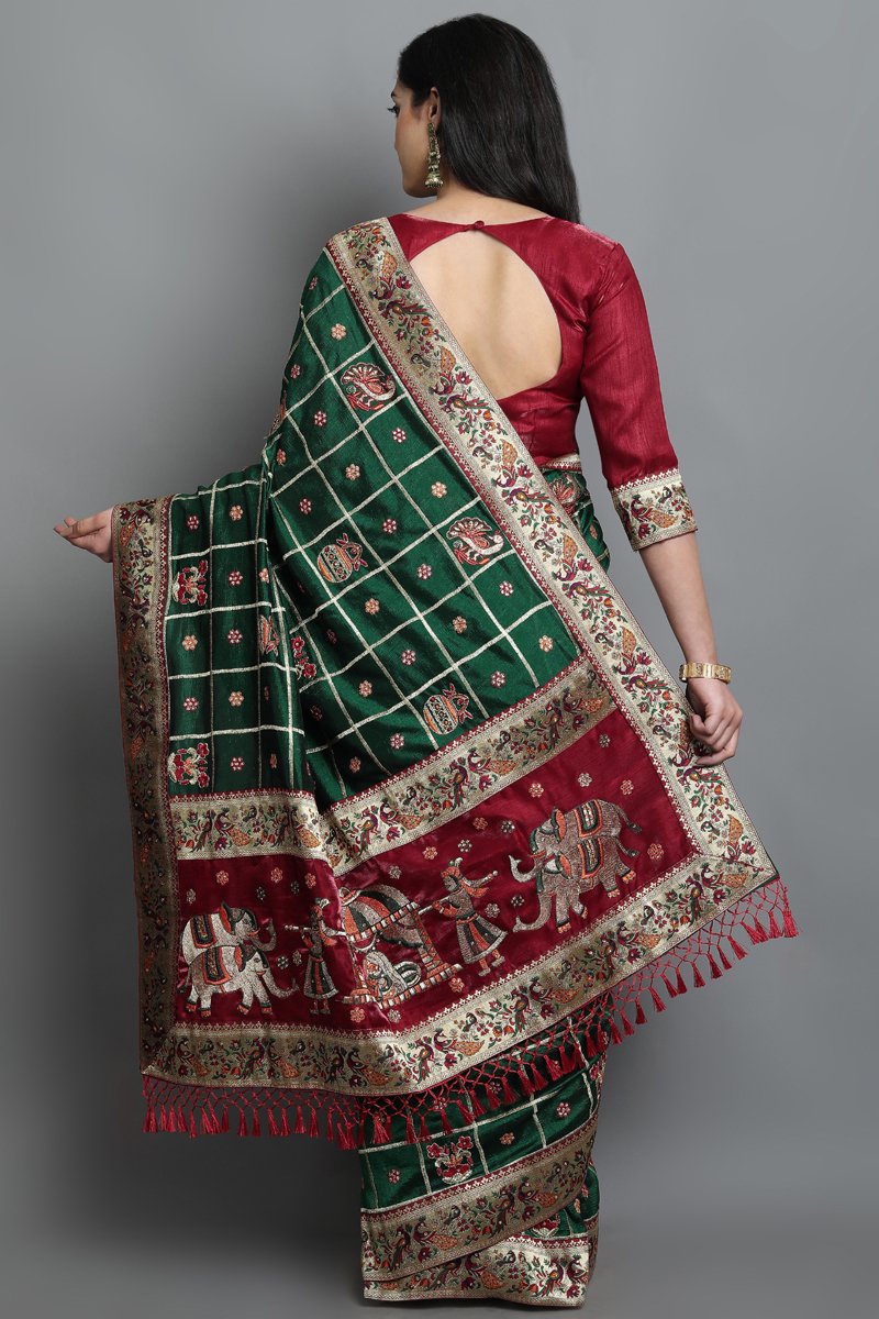 Dazzling Green And Maroon Soft Silk Patola Saree For Party Wear