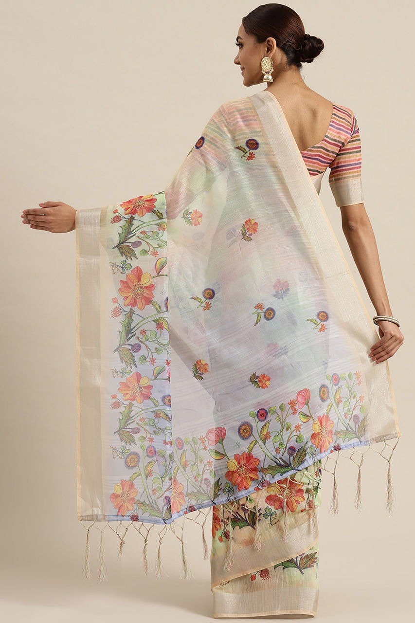 Floral Printed With Jari Border Work Beautiful Linen Saree