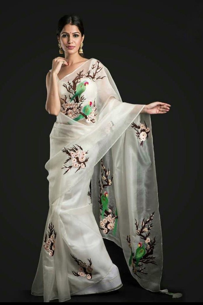 Off White Parrot Printed Organza Saree With Unstitched Blouse