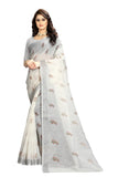 Off White Floral Print Jari Border Linen Saree