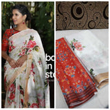 Pure Linen saree With  Beautiful Printed Blouse