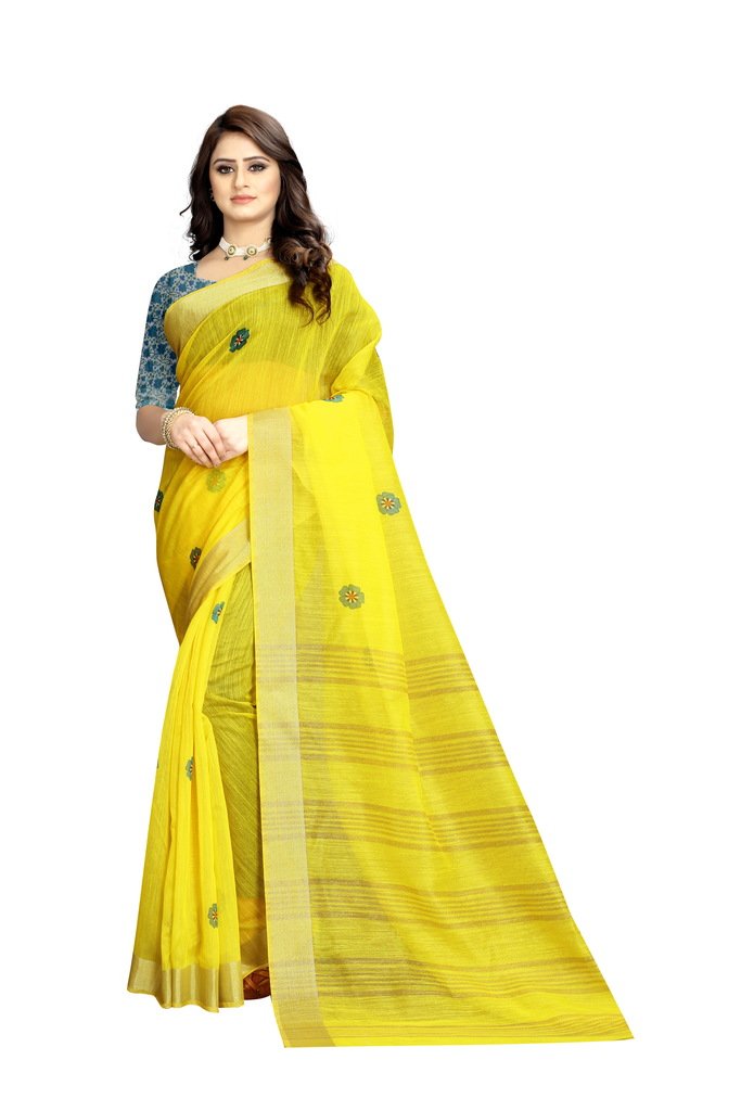 Yellow Pure Linen saree With Blue Flower Printed Blouse